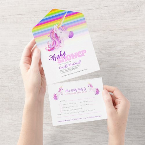 Baby shower rainbow unicorn watercolor all in one invitation