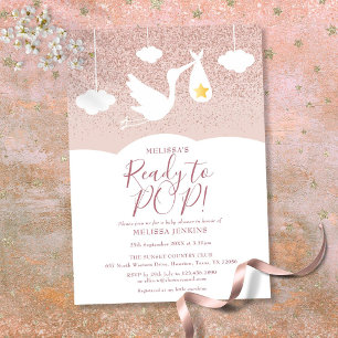 Baby Shower Ready to Pop Stork Rose Gold Glitter Invitation