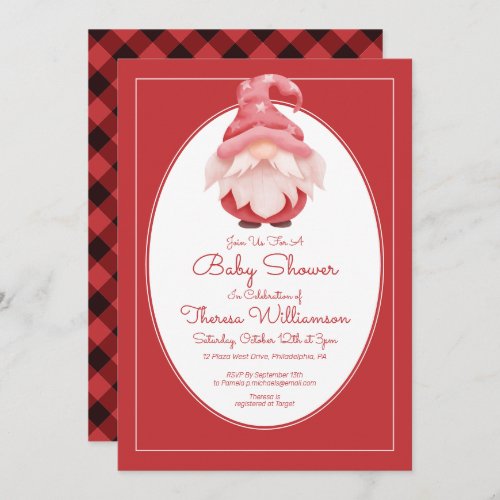 BABY SHOWER  Red Buffalo Checks Gnome Baby Shower Invitation