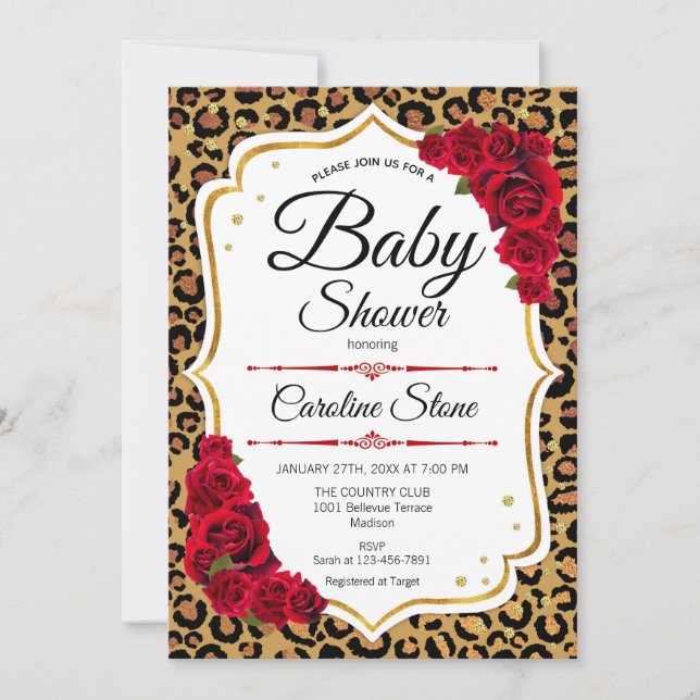 Baby Shower - Red Gold Leopard Print Invitation (Front)