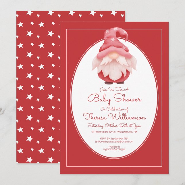 BABY SHOWER | Red Star Gnome Baby Shower Invitatio Invitation (Front/Back)