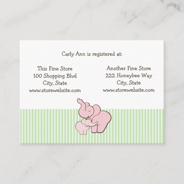 Baby Shower Registry Card Pink Elephant Hugs (Front)