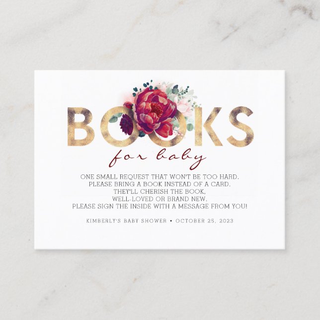 Baby Shower Request - Burgundy Red Floral Business Card (Front)