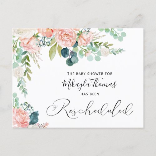 Baby Shower Rescheduled Blush Pink Floral Announcement Postcard