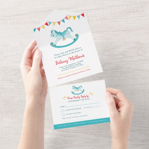 Baby shower rocking hobby horse aqua watercolor all in one invitation