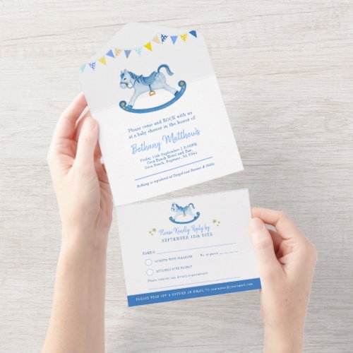 Baby shower rocking hobby horse blue watercolor al all in one invitation