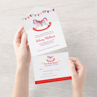 Baby shower rocking hobby horse cute watercolor all in one invitation