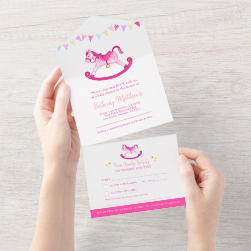 Baby shower rocking hobby horse pink watercolor al all in one invitation