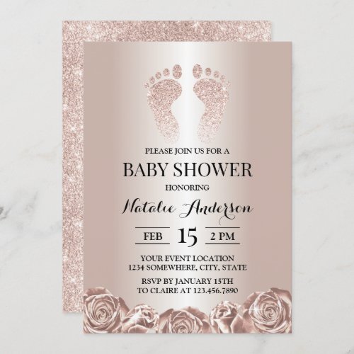 Baby Shower Rose Gold Baby Feet Modern Floral Invitation