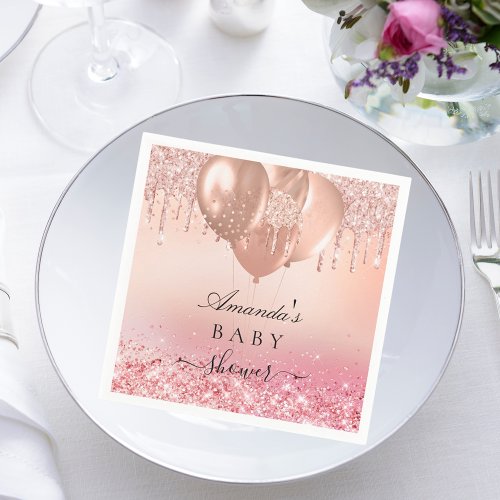 Baby shower rose gold blush glitter name napkins