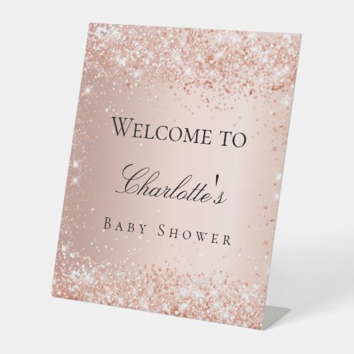 Baby shower rose gold blush glitter welcome pedestal sign
