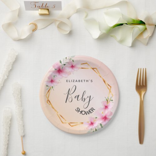 Baby Shower rose gold blush pink florals geometric Paper Plates