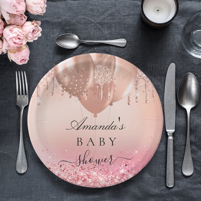 Baby shower rose gold blush pink glitter name paper plates (Creator Uploaded)