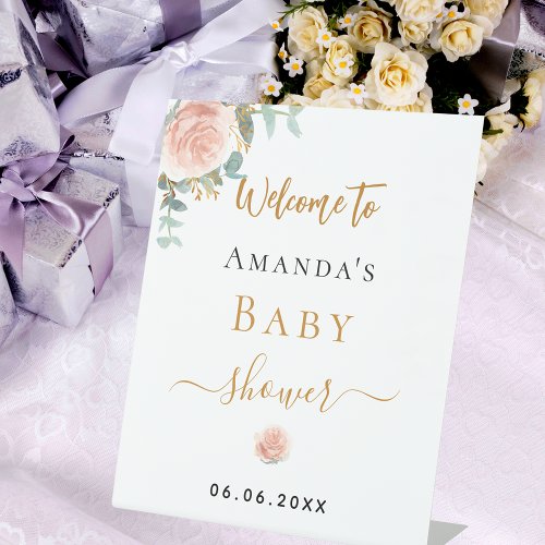 Baby Shower rose gold floral eucalyptus welcome Pedestal Sign