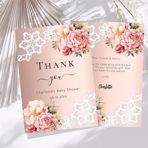 Baby Shower rose gold floral lace thank you card