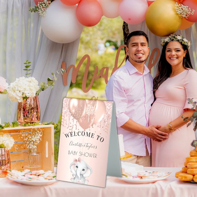 Baby Shower rose gold girl elephant balloons Table Tent (Creator Uploaded)