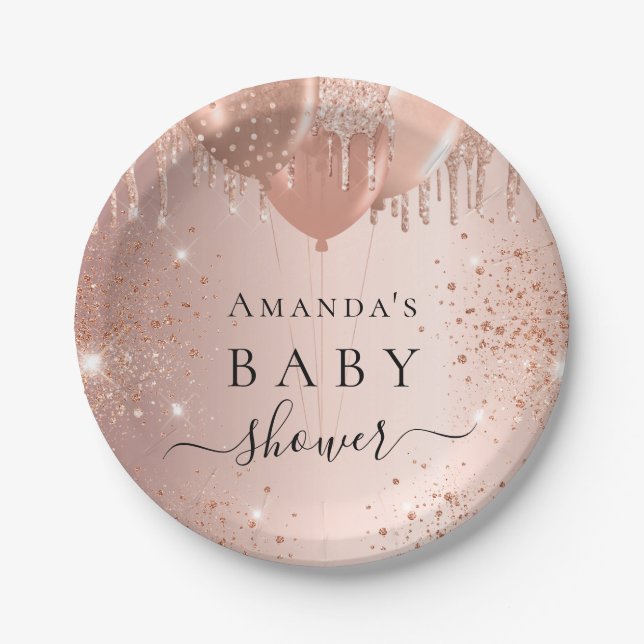 Baby Shower rose gold glitter balloons glam Paper Plates (Front)