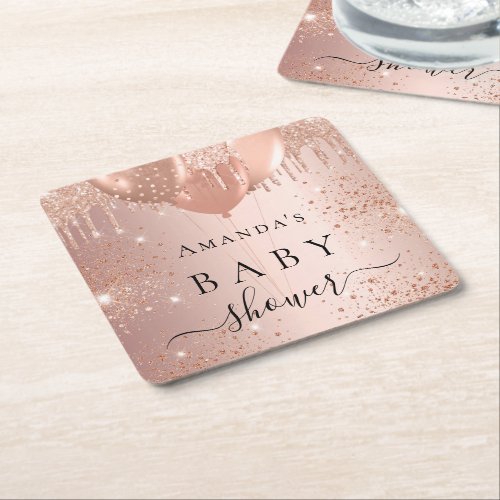 Baby Shower rose gold glitter balloons glamorous Square Paper Coaster