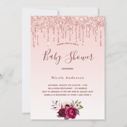 Baby Shower rose gold glitter blush floral girly Invitation