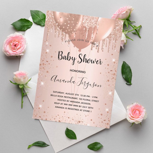 Baby Shower rose gold glitter drops balloons girl Invitation (Creator Uploaded)