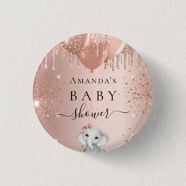 Baby Shower rose gold glitter elephant balloons Button (Front)