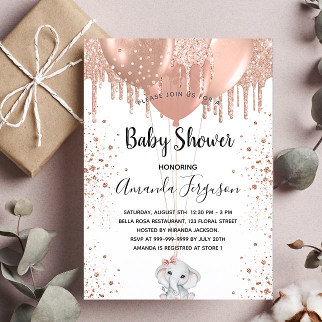 Baby Shower rose gold glitter elephant balloons Invitation Postcard