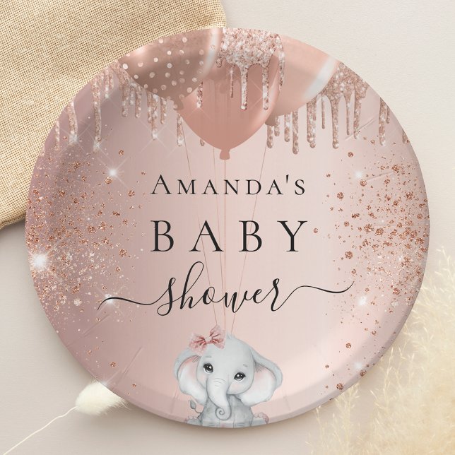 Baby Shower rose gold glitter elephant balloons  Paper Plates (Creator Uploaded)