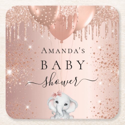 Baby Shower rose gold glitter elephant balloons  Square Paper Coaster