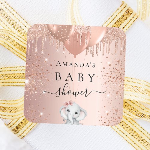 Baby Shower rose gold glitter elephant balloons Square Sticker