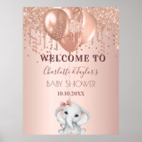 Baby Shower rose gold glitter elephant welcome Poster
