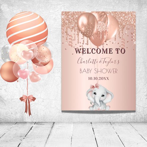 Baby Shower rose gold glitter elephant welcome Poster