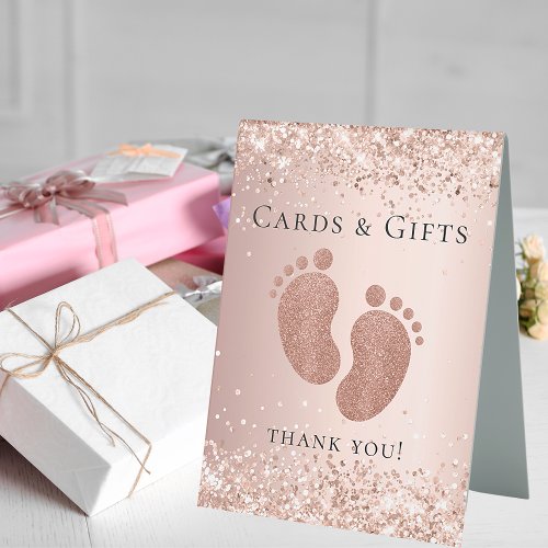 Baby Shower rose gold glitter feet cards gifts Table Tent Sign