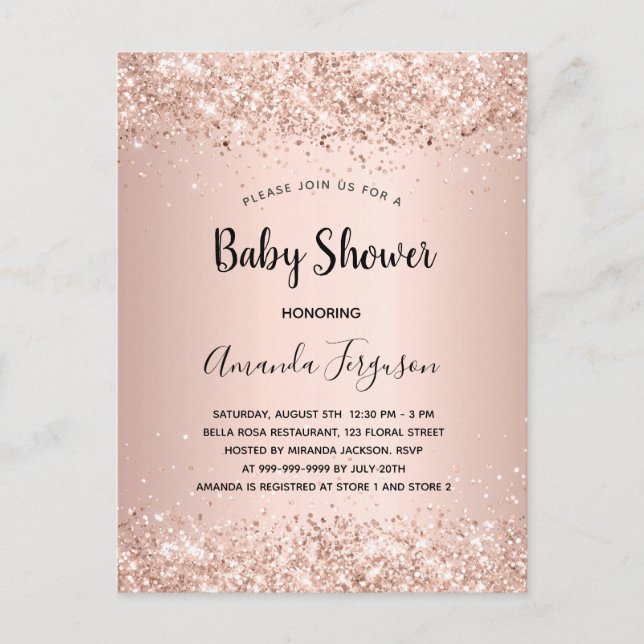Baby Shower rose gold glitter metal girl  Invitation Postcard (Front)