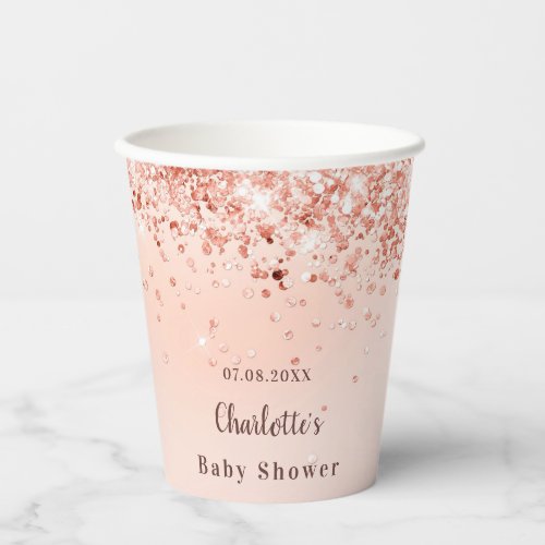 Baby Shower rose gold glitter monogram girl Paper Cups