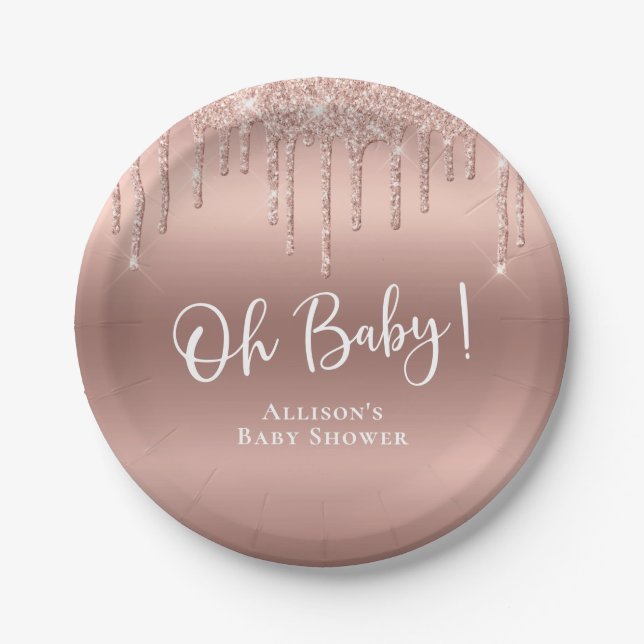 Baby Shower Rose Gold Glitter Personalized Paper Plates (Front)