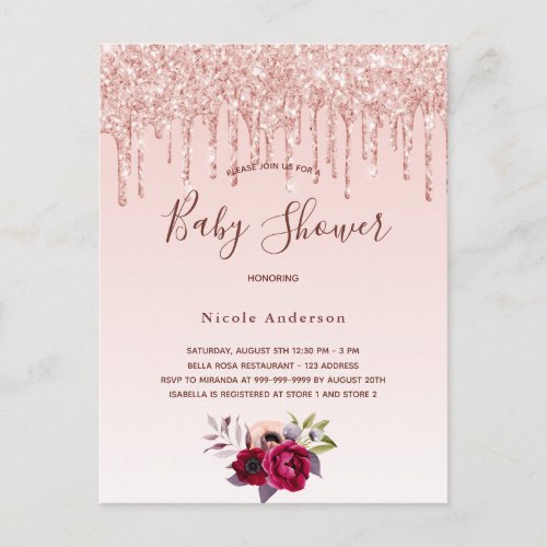 Baby Shower rose gold glitter pink invitation Postcard