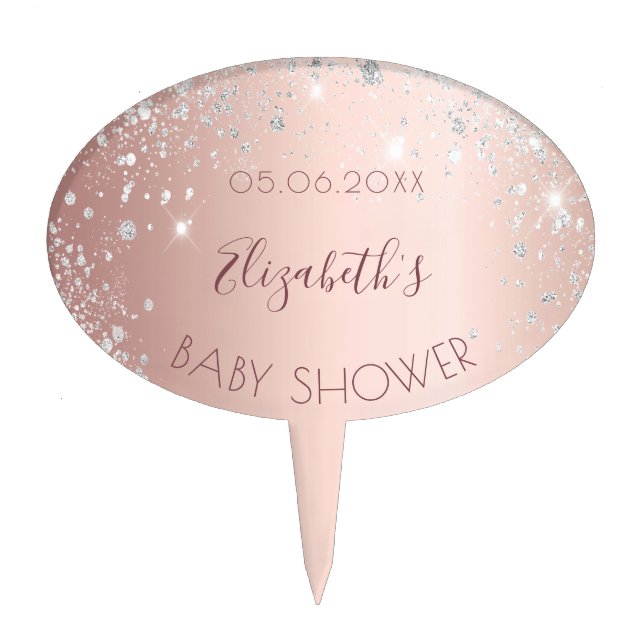 Baby Shower rose gold glitter silver monogram girl Cake Topper (Front)
