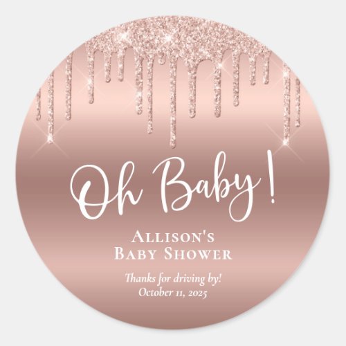 Baby Shower Rose Gold Glitter Thanks Driving By Classic Round Sticker