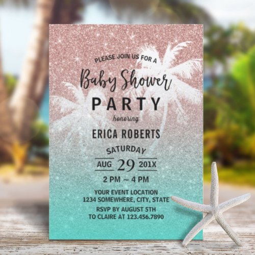 Baby Shower Rose Gold Glitter Tropical Palm Tree Invitation