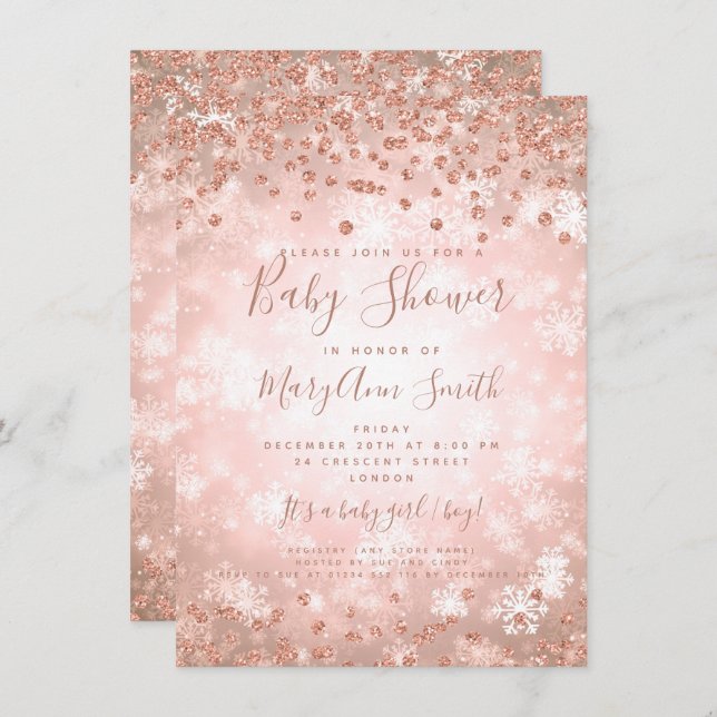 Baby Shower Rose Gold Glitter Winter Wonderland Invitation (Front/Back)