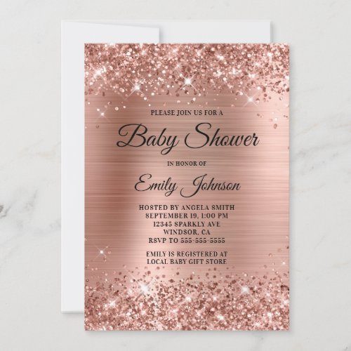 Baby Shower Rose Gold Glittery Foil Fancy Script Invitation