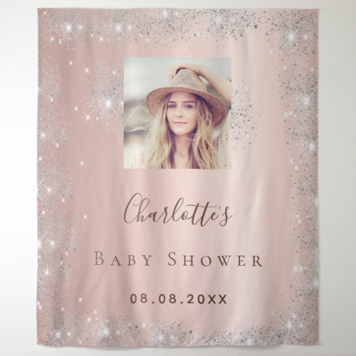 Baby Shower rose gold photo silver glitter Tapestry