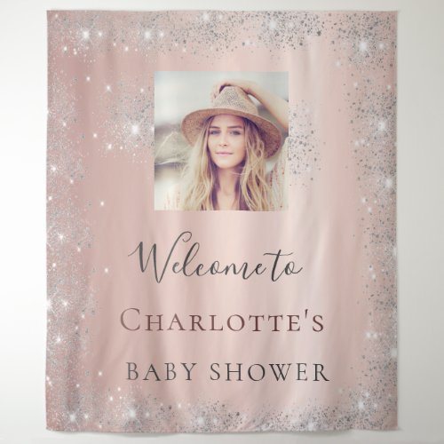 Baby Shower rose gold photo silver glitter Tapestry