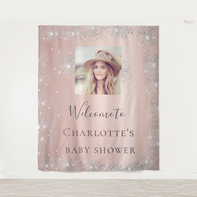Baby Shower rose gold photo silver glitter Tapestry (Front)