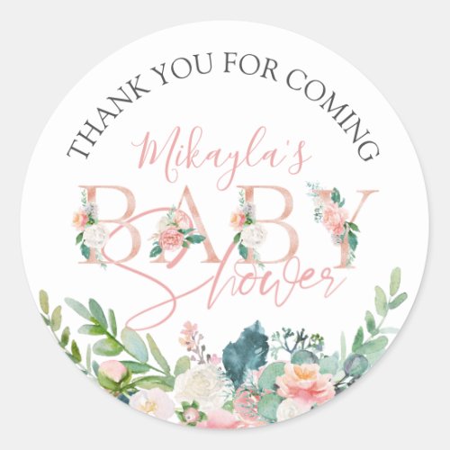 Baby Shower Rose Gold Pink Floral Script Thank You Classic Round Sticker