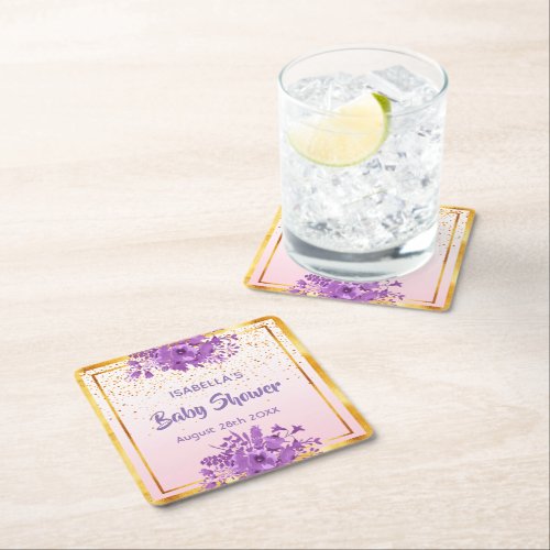 Baby Shower rose gold purple florals name Square Paper Coaster
