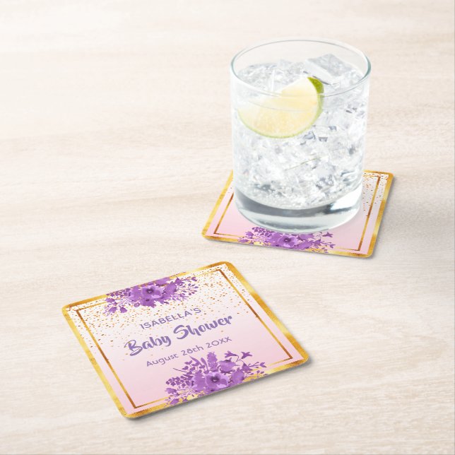 Baby Shower rose gold purple florals name Square Paper Coaster (Insitu)
