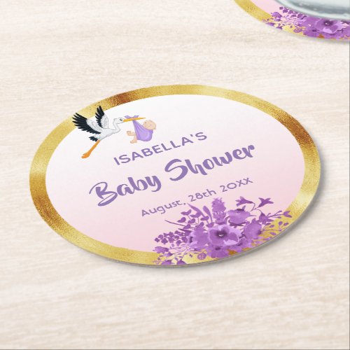 Baby Shower rose gold purple florals stork Round Paper Coaster