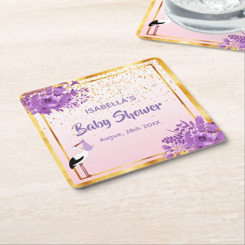 Baby Shower rose gold purple florals stork Square Paper Coaster