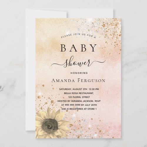 Baby shower rose gold rustic sunflower glitter invitation